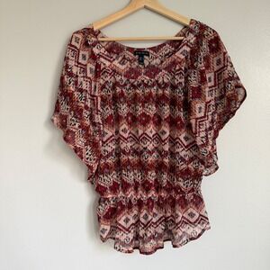 Vintage Y2K FANG Red Geometric Tribal Print Flutter Sleeve Peplum Chiffon To L